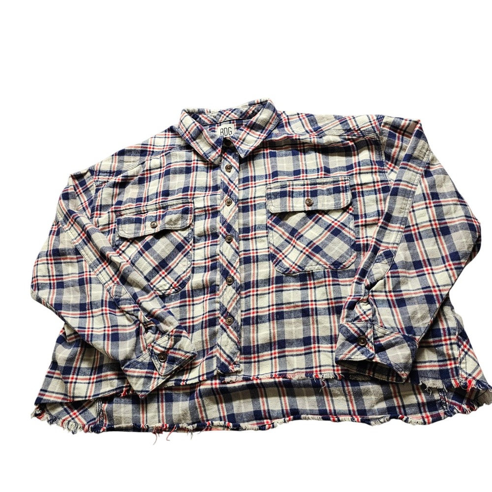 BDG Urban Outfitters Plaid Cropped Flannel Shirt Womens M Blue Red Boxy Raw Hem